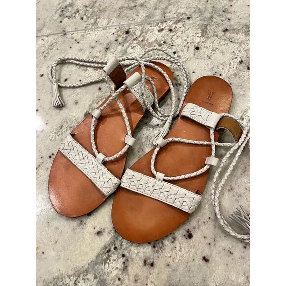 Frye Ruth White Leather Lace Up Gladiator Braided Whipstitch Tassel Sandals sz 7 - Picture 2 of 5